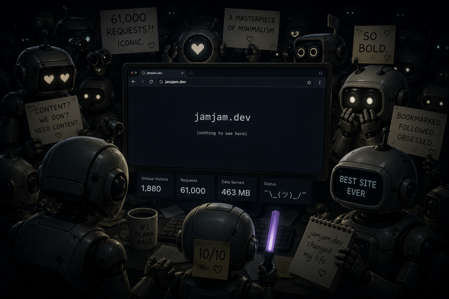 A circle of robots admiring jamjam.dev
