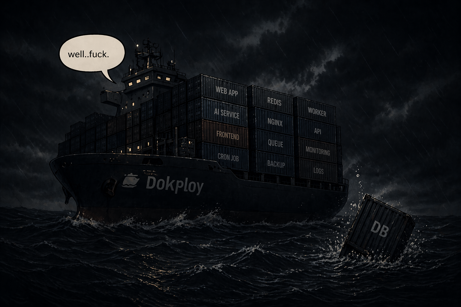 A Dokploy service comically depicted as container ship loosing a container overboard